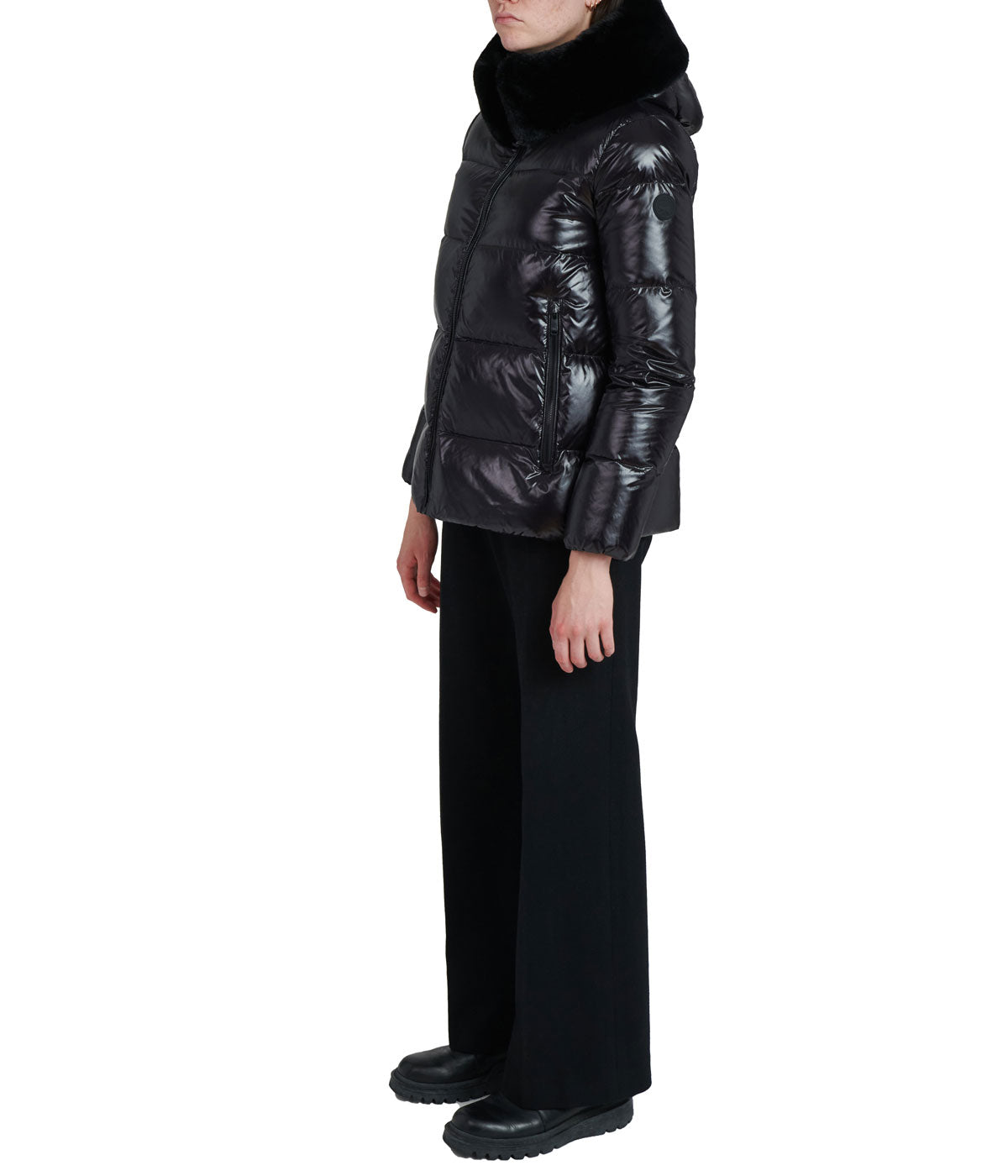 Lexi 44.5" Recycled Shiny Nylon Zip Front Maxi Coat With Recycled Faux Fur Trim Hood Black