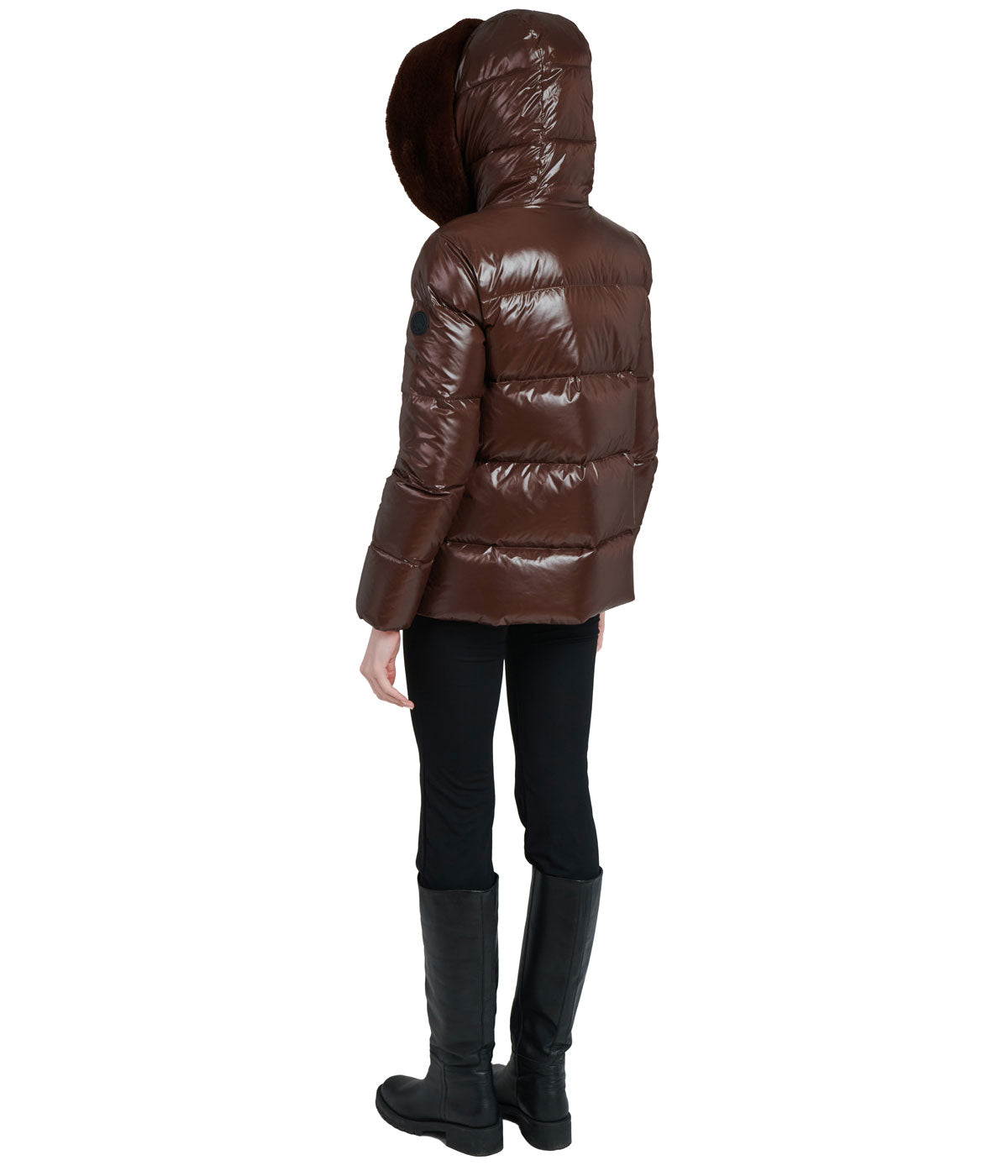 Lexi 44.5" Recycled Shiny Nylon Zip Front Maxi Coat With Recycled Faux Fur Trim Hood Dark Coffee