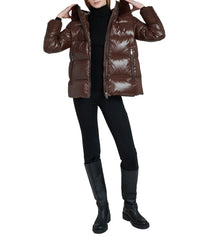 Lexi 44.5" Recycled Shiny Nylon Zip Front Maxi Coat With Recycled Faux Fur Trim Hood Dark Coffee