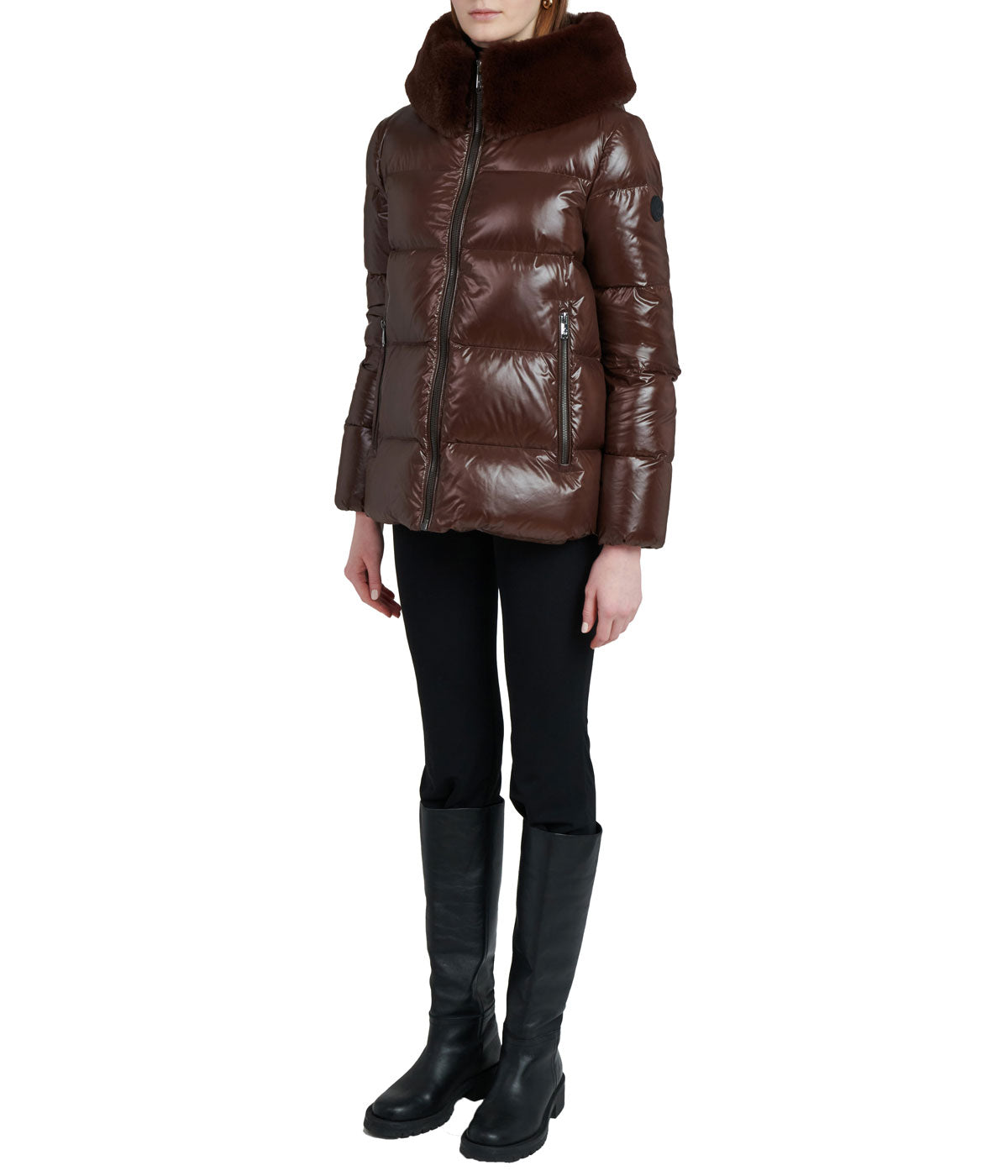 Lexi 44.5" Recycled Shiny Nylon Zip Front Maxi Coat With Recycled Faux Fur Trim Hood Dark Coffee