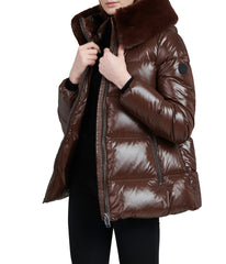 Lexi 44.5" Recycled Shiny Nylon Zip Front Maxi Coat With Recycled Faux Fur Trim Hood Dark Coffee