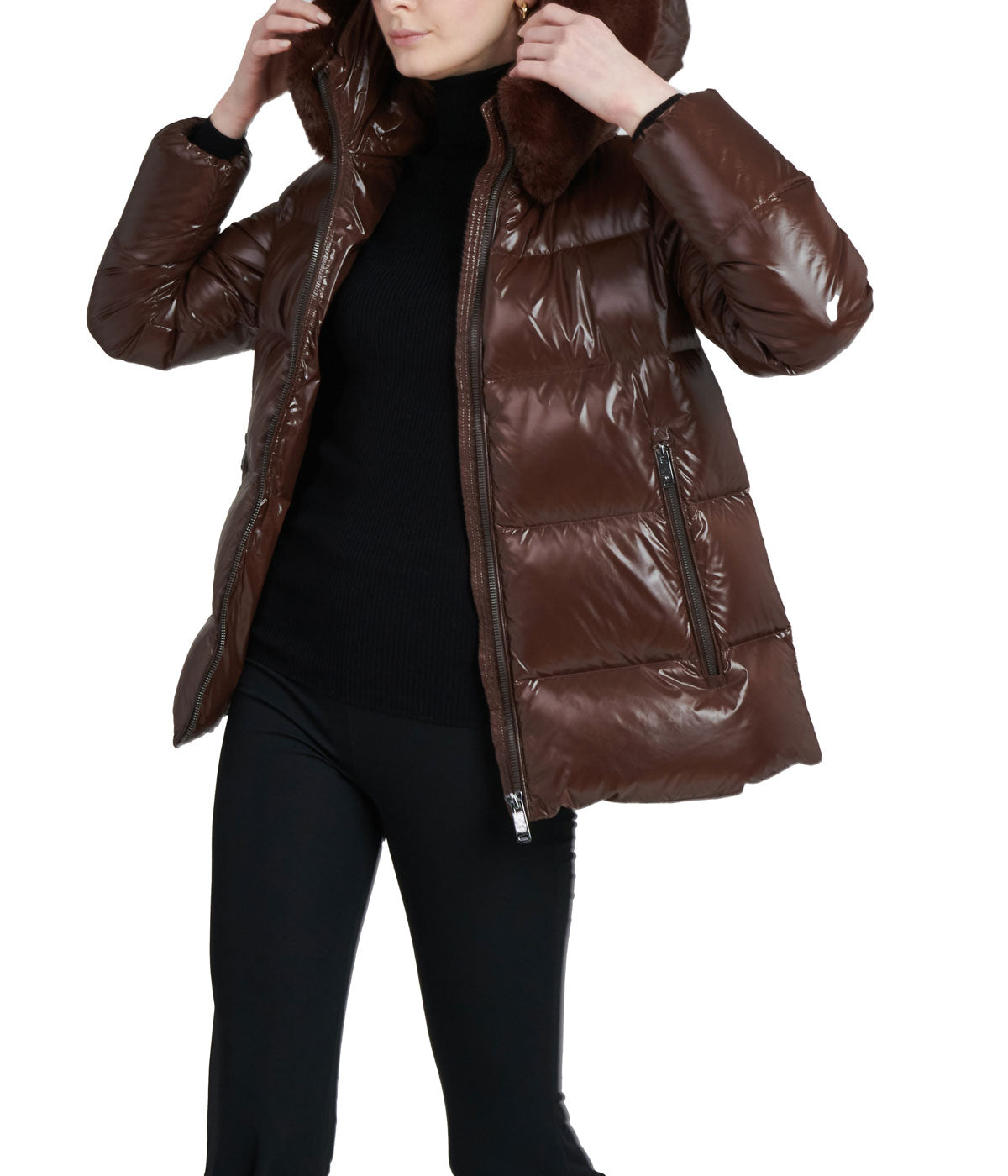 Lexi 44.5" Recycled Shiny Nylon Zip Front Maxi Coat With Recycled Faux Fur Trim Hood Dark Coffee