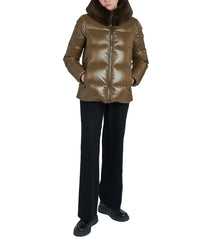 Lexi 44.5" Recycled Shiny Nylon Zip Front Maxi Coat With Recycled Faux Fur Trim Hood Olive