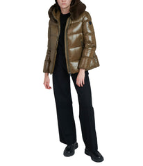 Lexi 44.5" Recycled Shiny Nylon Zip Front Maxi Coat With Recycled Faux Fur Trim Hood Olive