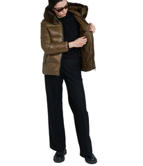 Lexi 44.5" Recycled Shiny Nylon Zip Front Maxi Coat With Recycled Faux Fur Trim Hood Olive