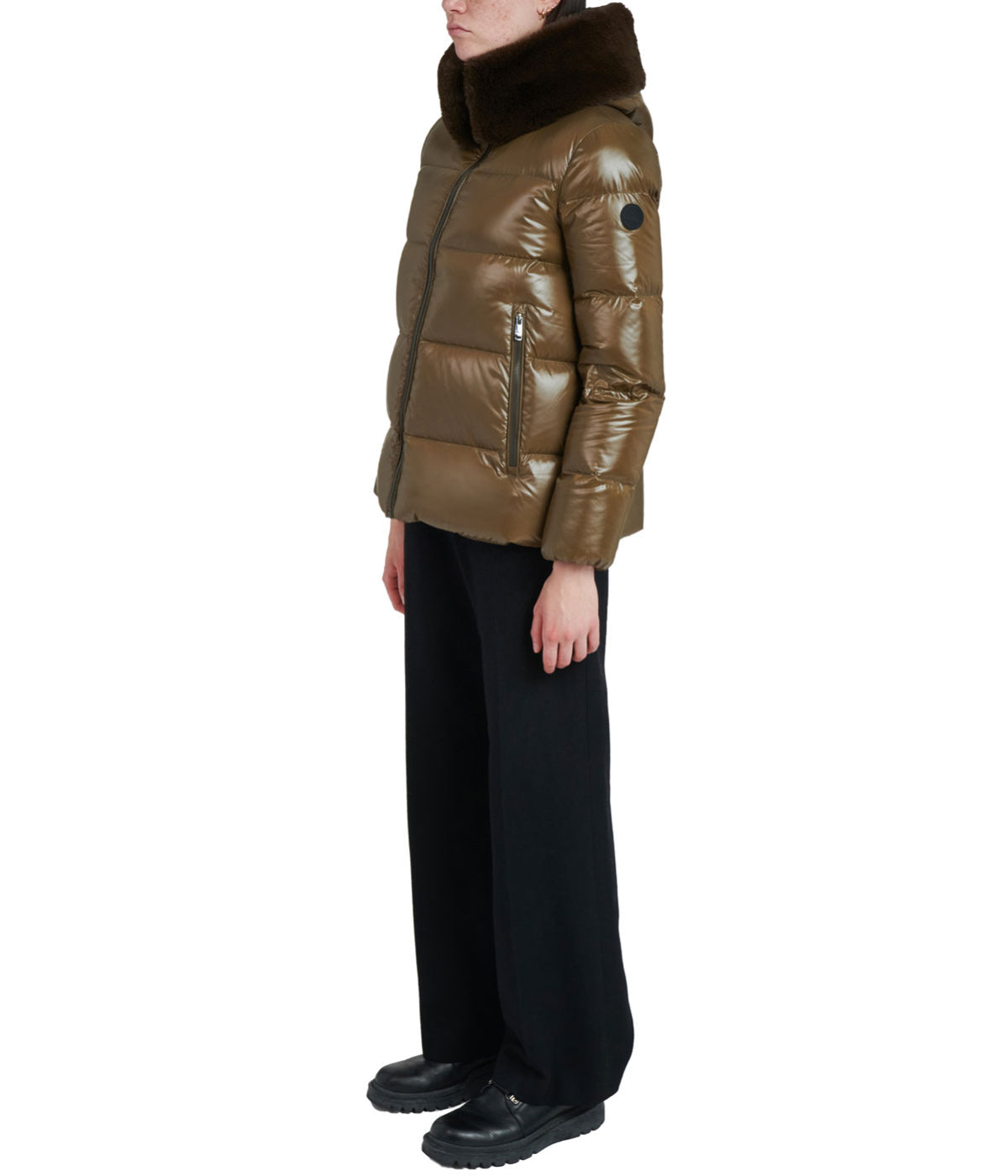 Lexi 44.5" Recycled Shiny Nylon Zip Front Maxi Coat With Recycled Faux Fur Trim Hood Olive