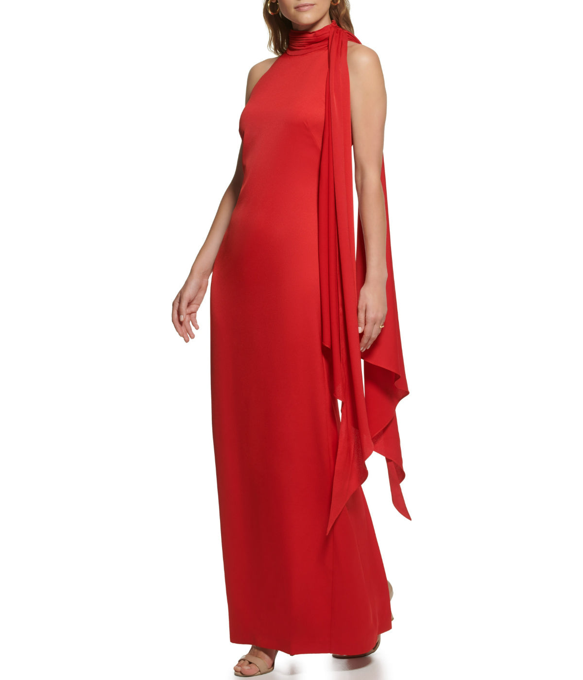 Vince Camuto Sleeveless Tie Halter Neck Ruffle Satin Gown - Red Bonton Vince Camuto Sleeveless Tie Halter Neck Ruffle Satin Gown - Red Bonton