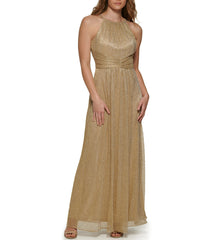 Shirred Halter Gown With Waistband Gold