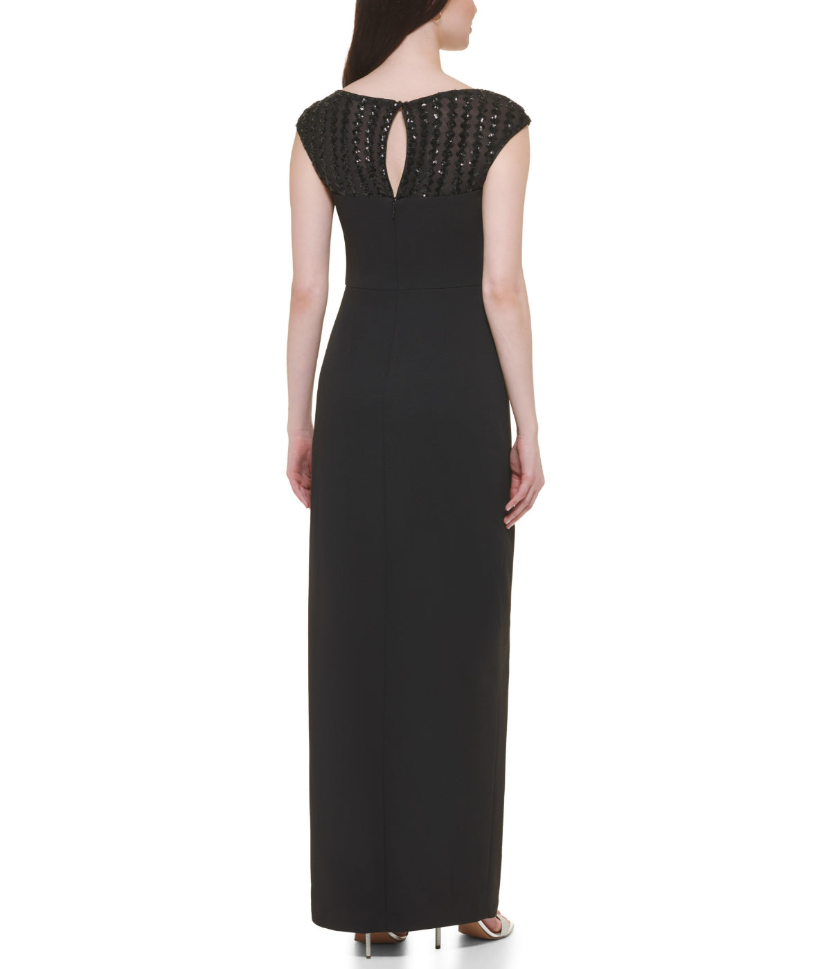  VINCE CAMUTO Cap Sleeve Boat Shape Illusion Neck Gown W/ Side Slit Black Gold - Black Gold - Bonton