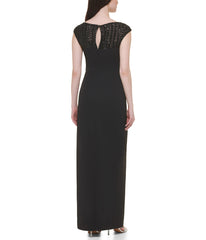 Cap Sleeve Boat Shape Illusion Neck Gown W/ Side Slit Black Gold