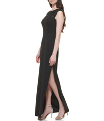 Cap Sleeve Boat Shape Illusion Neck Gown W/ Side Slit Black Gold