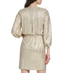 Longsleeve Pleated Neck Blouson Dress Champagne