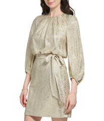 Longsleeve Pleated Neck Blouson Dress Champagne