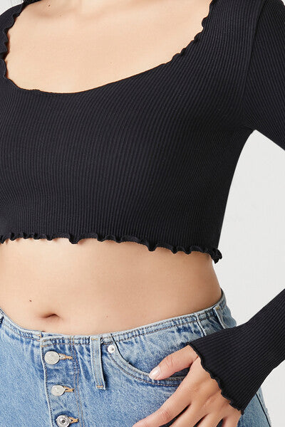  Forever 21 Seamless Lettuce-Edge Crop Top - black - Bonton