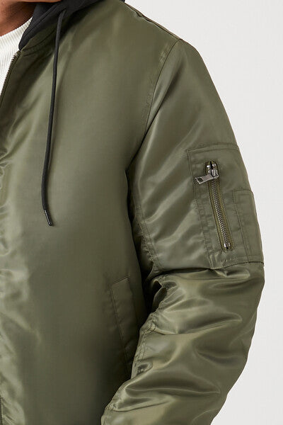  Forever 21 Zip-Up Hooded Bomber Jacket - olive-black-swatch - Bonton