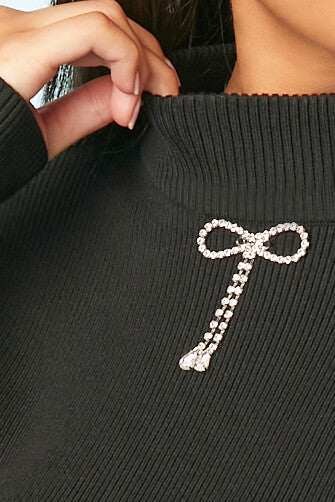  Forever 21 Rhinestone Bow Sweater-Knit Crop Top - black - Bonton