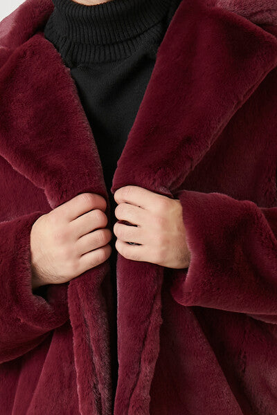  Forever 21 Faux Fur Longline Coat - burgundy-swatch - Bonton