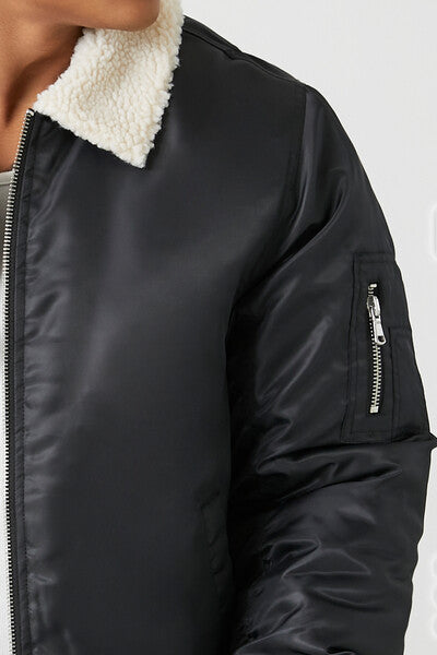  Forever 21 Faux Shearling-Trim Bomber Jacket - black-cream-swatch - Bonton
