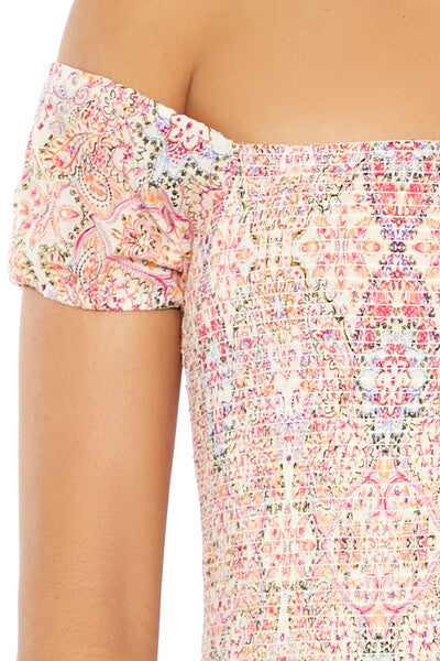  Forever 21 Smocked Ornate Print Mini Dress - pink multi - Bonton