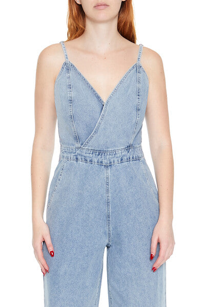  Forever 21 Denim Surplice Wide-Leg Jumpsuit - light-denim - Bonton