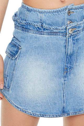 Denim Curved-Hem Cargo Mini Skirt