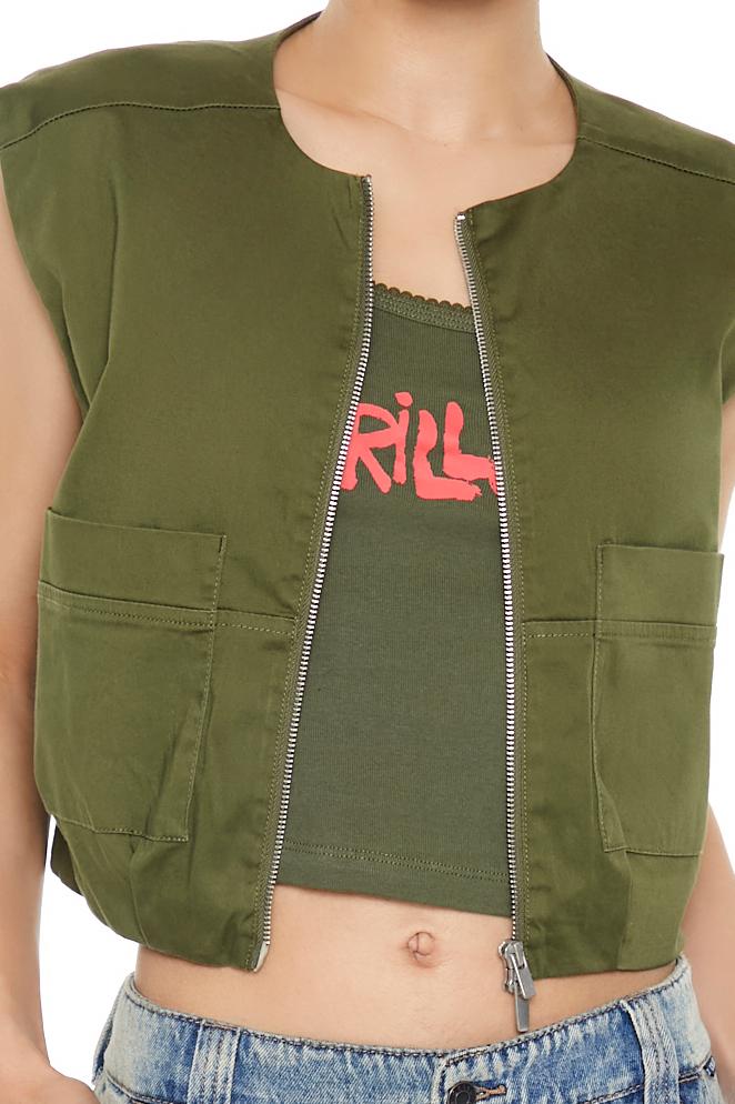  Forever 21 Satin Zip-Up Cropped Vest - green-swatch - Bonton