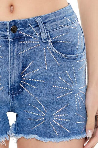 Frayed Rhinestone Denim Shorts
