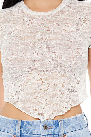 Cropped Lace V-Hem Tee