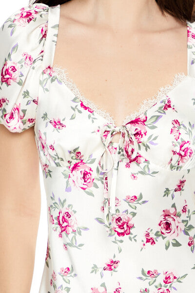  Forever 21 Satin Rose Puff-Sleeve Mini Dress - cream-multi - Bonton