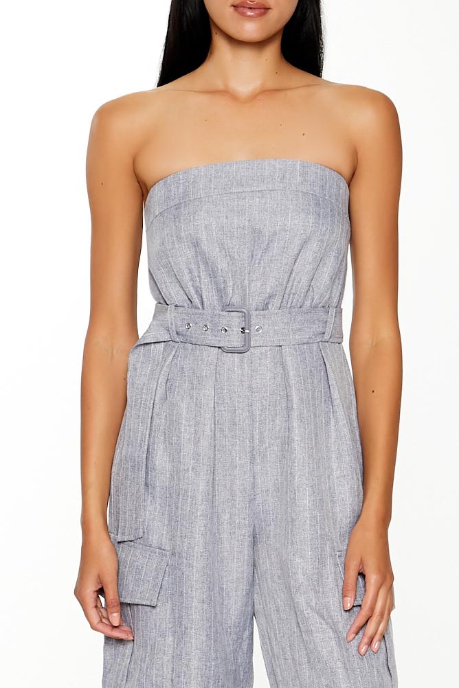  Forever 21 Belted Pinstriped Cargo Jumpsuit - grey-multi - Bonton