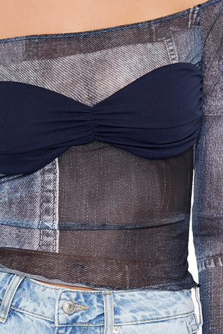 Denim Print Off-the-Shoulder Top