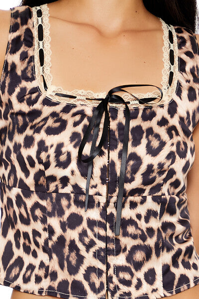  Forever 21 Satin Leopard Print Ribbon Crop Top - brown multi - Bonton