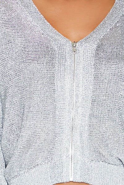  Forever 21 Glitter Knit Zip-Up Sweater - gunmetal - Bonton