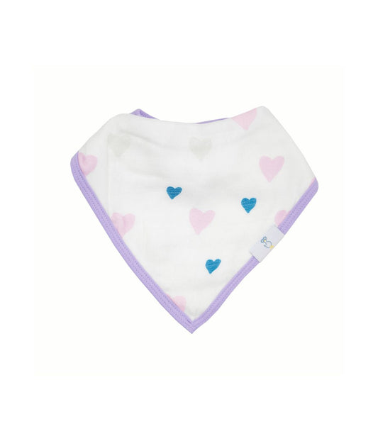 Hearts and Birds 2 Pack Muslin & Terry Cloth Bib Set White/Purple/Pink/Blue/Green