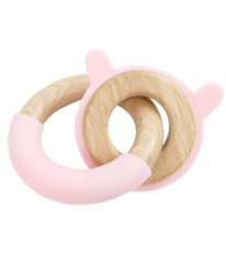 Pink Bunny Silicone + Wood Double Teether Pink