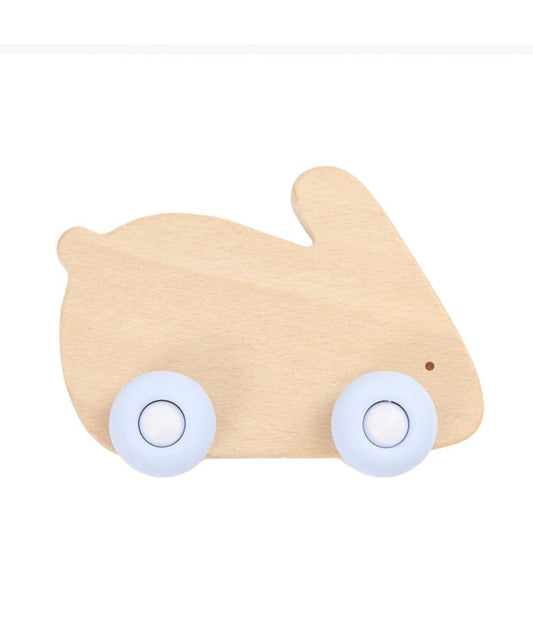 Blue Bunny Silicone + Wood Teether with Wheels Blue