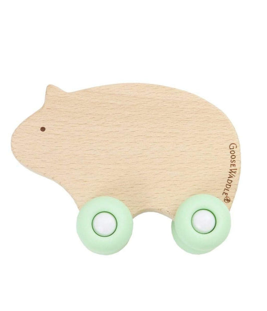 Mint Bear Silicone + Wood Teether with Wheels Mint