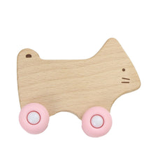 Pink Kitten Silicone + Wood Teether with Wheels Pink