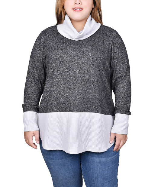 Plus Long Sleeve Cowl Neck Colorblocked Top