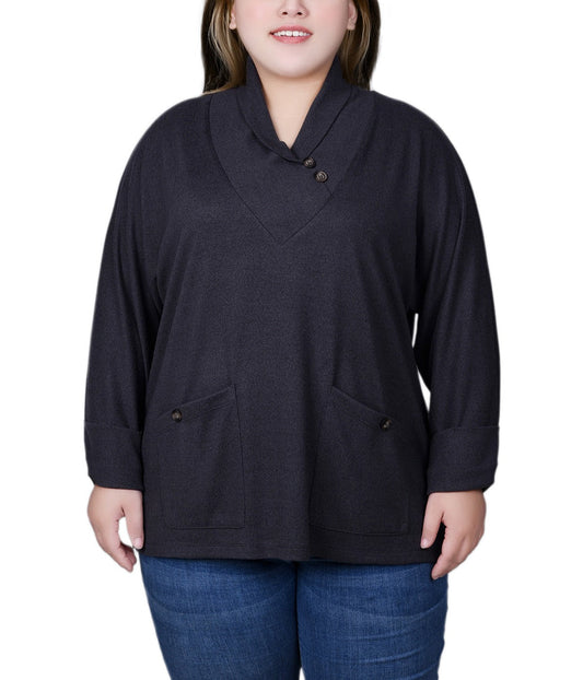 Plus Long Sleeve Shawl Collar Top With Pockets