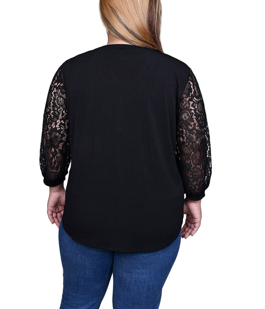 Plus Lace-Sleeve V-Neck Top