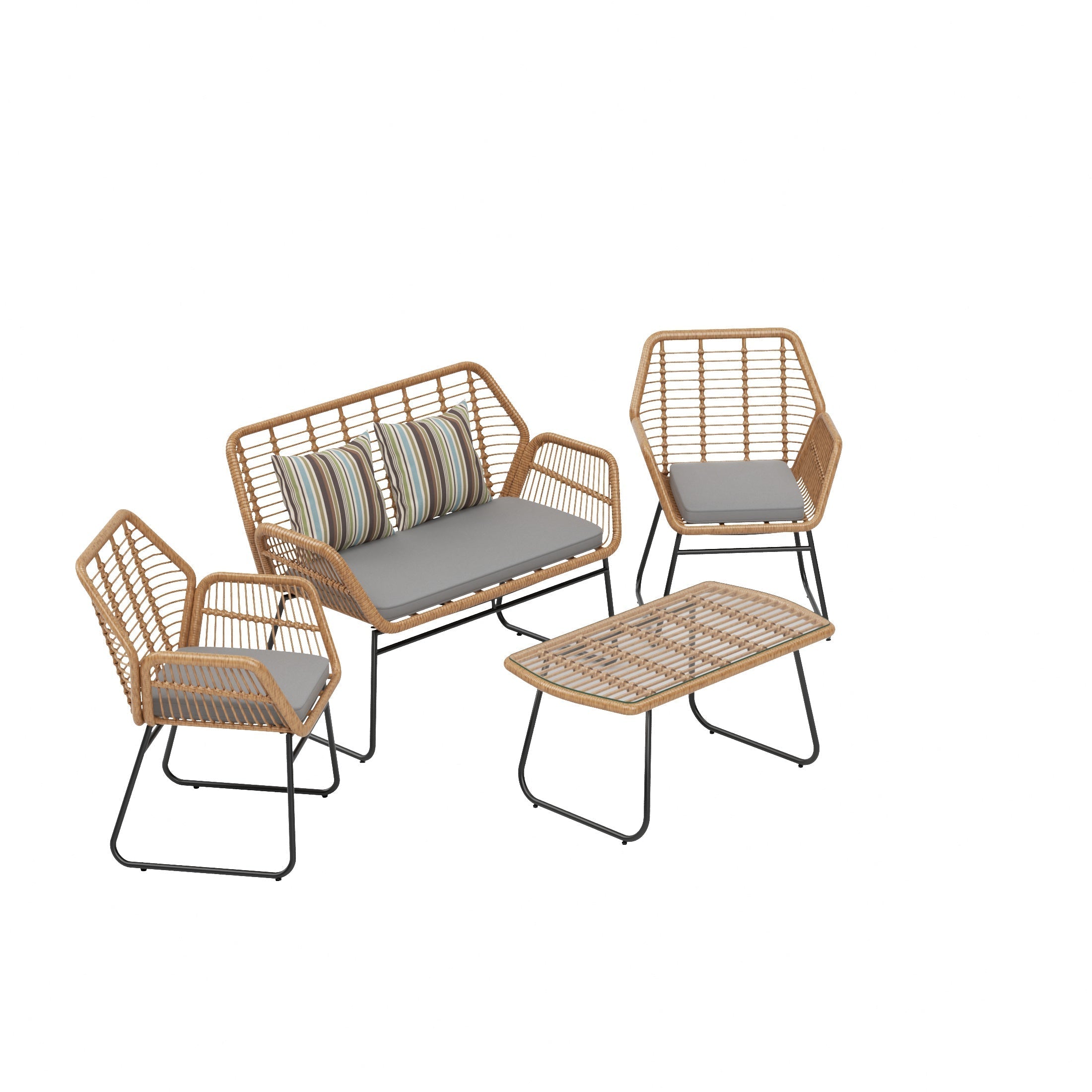  Westin Furniture 4-Piece Outdoor Patio Rattan Wicker Conversation Set - Beige - Bonton