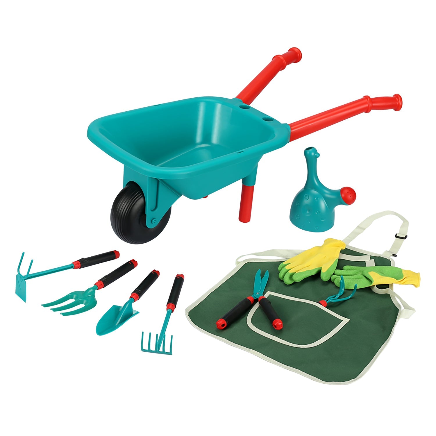  Trimate Trimate Kids Gardening Set, Includes Wheelbarrow, Watering Can,Gardening Gloves, Gardening Pruner, Hand Rake, Double Hoe, Shovel, Apron with Pocket, Outdoor Indoor Toddler Gardening Tools Set - Multi - Bonton