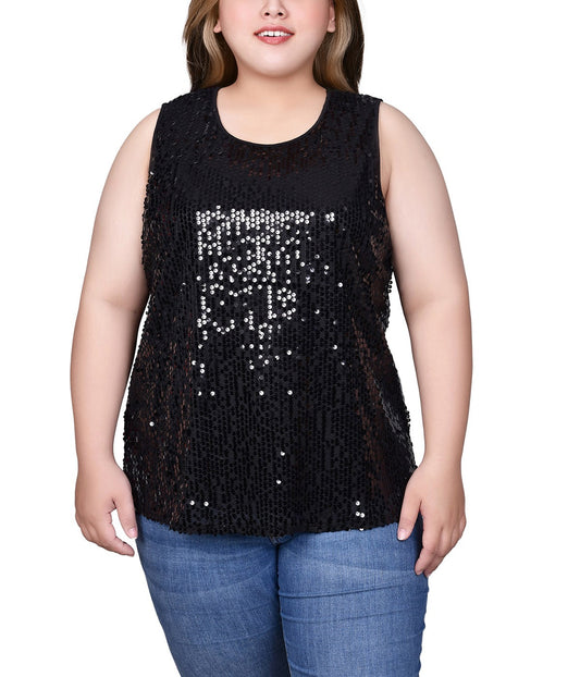 Plus Sleeveless Sequined Tank Top With Combo Banding