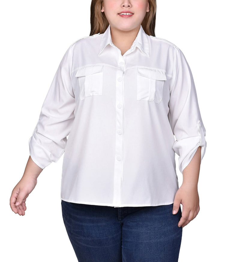 Plus 3/4 Sleeve Roll Tab Blouse