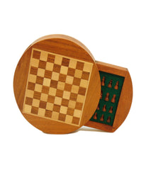 6" Magnetic Round Wood Inlaid Chess Set with Slide Drawer Multi