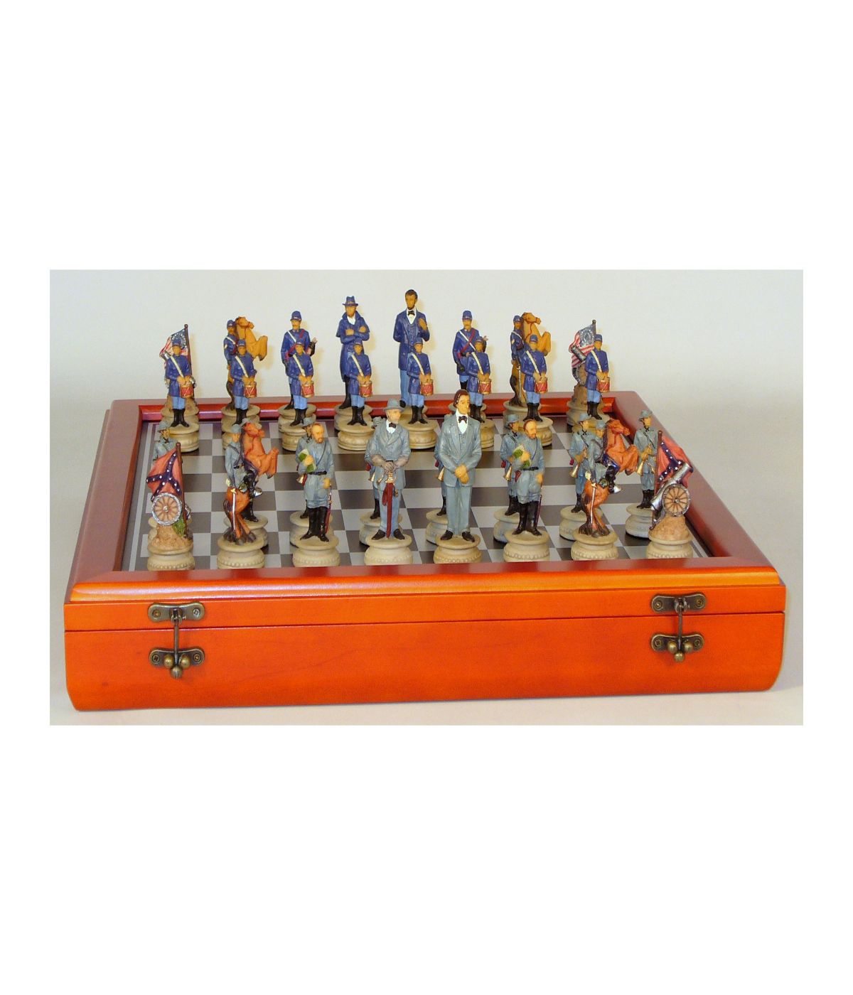  3.25-inch Civil War Generals Painted Resin Men Chess Set with Cherry Stained Chest Board Multi - Multi - Bonton