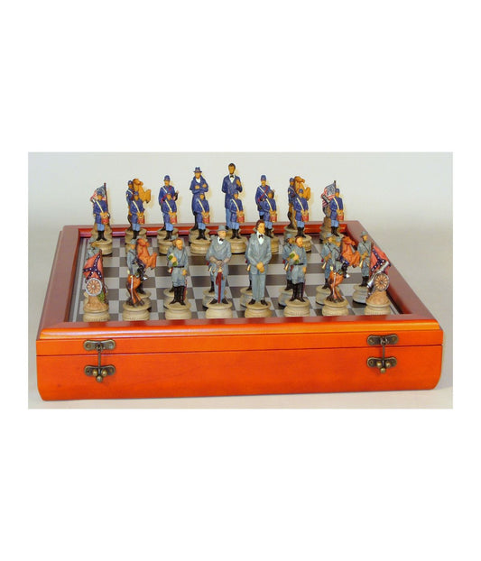 3.25-inch Civil War Generals Painted Resin Men Chess Set with Cherry Stained Chest Board Multi