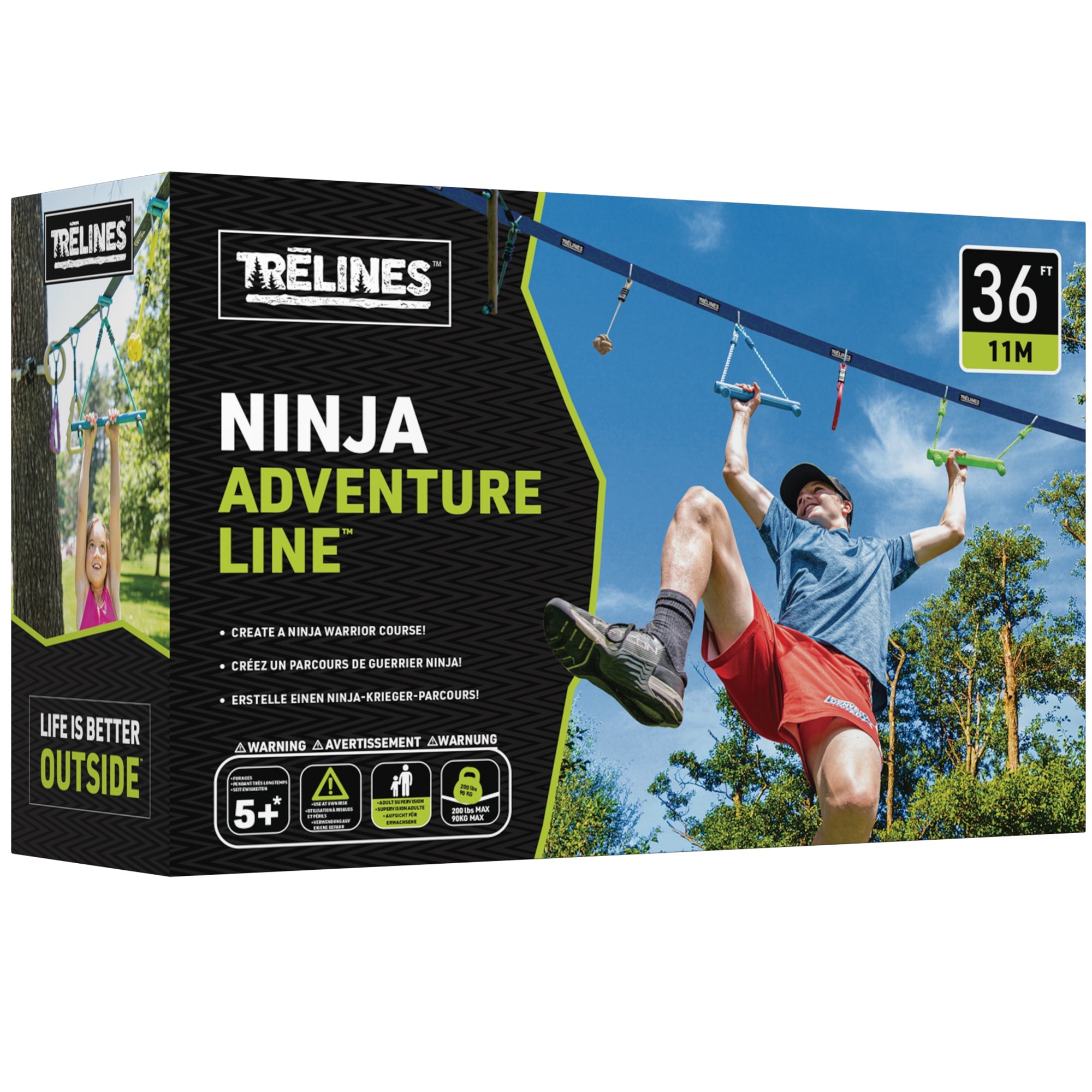  Hape Trelines: Ninja Adventure Line 36 ft - Outdoor Ninja Warrior Course, Monkey Bars, Rings, Ratchet Setup Between 2 Trees, 250lb Cap, Adult Kid Ages 5+ - Multi - Bonton