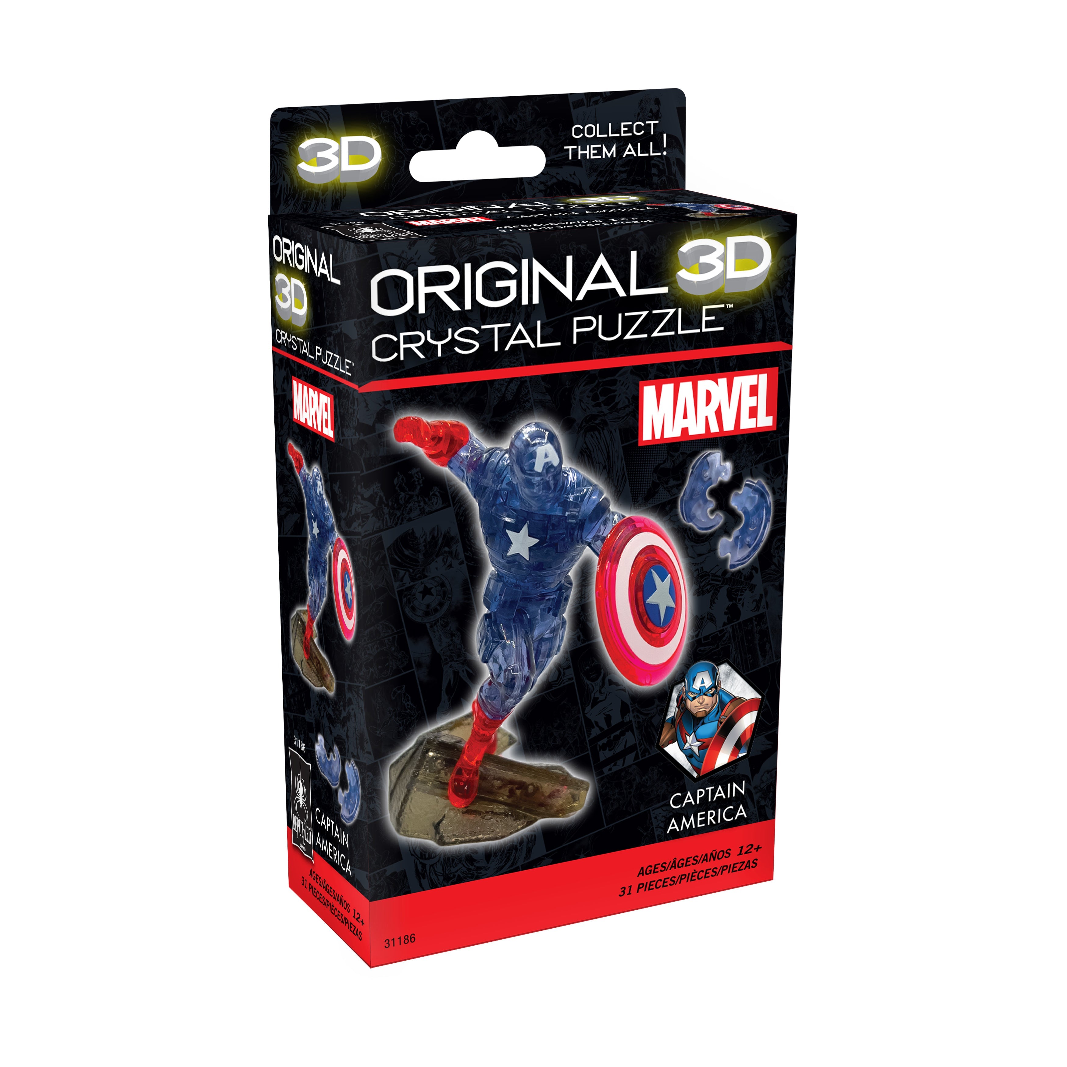  BePuzzled 3D Crystal Puzzle - Marvel Captain America: 31 Pcs - Multi-color - Bonton